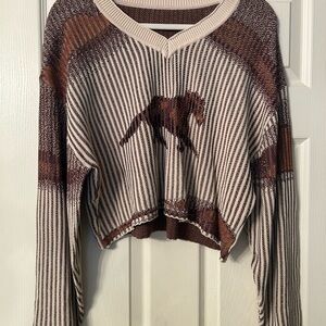 Brown and Cream ribbed Horse cropped Sweater top M L medium large